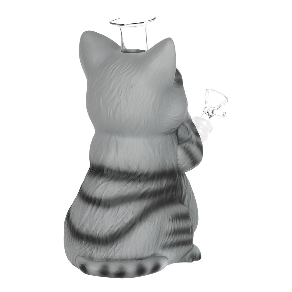 Grey Tabby Cat Glass & Vinyl Water Pipe - 9"