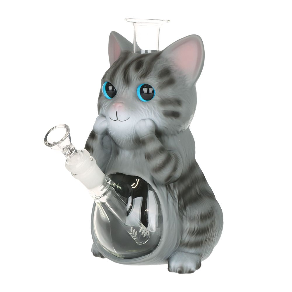 Grey Tabby Cat Glass & Vinyl Water Pipe - 9"