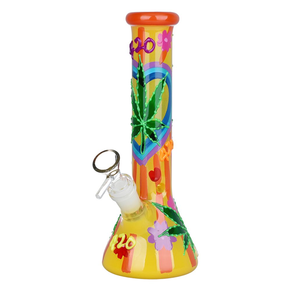 Hemp Leaf Glow In The Dark Beaker Glass Bong - 9.25"