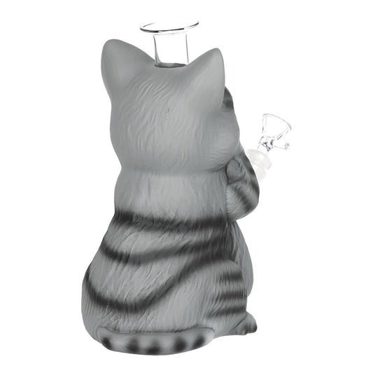 Grey Tabby Cat Glass & Vinyl Water Pipe - 9"