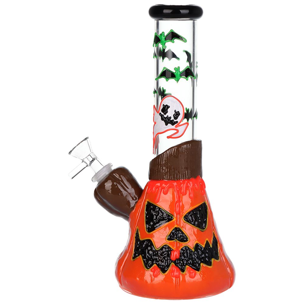 Bats 'n' Ghouls Jack-O-Lantern Glow in Dark Glass Water Pipe - 10" / 14mm F